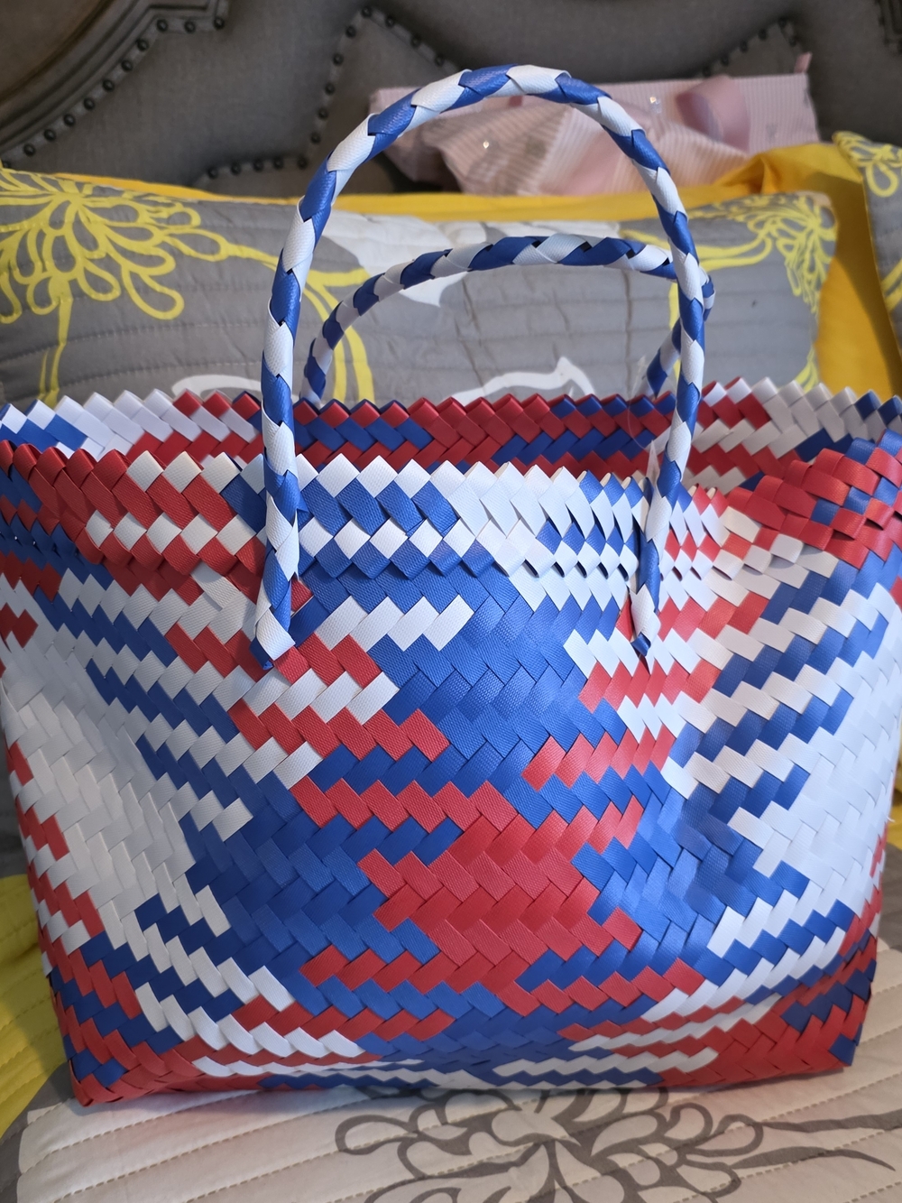 Woven Straw-Style Tote Bag in Blue, Red & White